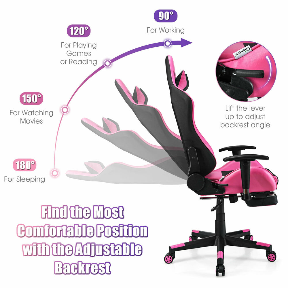 Adjustable pink PU leather gaming chair with lumbar pillow, footrest, and multiple reclining positions for ultimate.