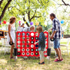 Jumbo 4 to Score giant game set with red frame and 42 rings, perfect for outdoor parties and improving motor skills.