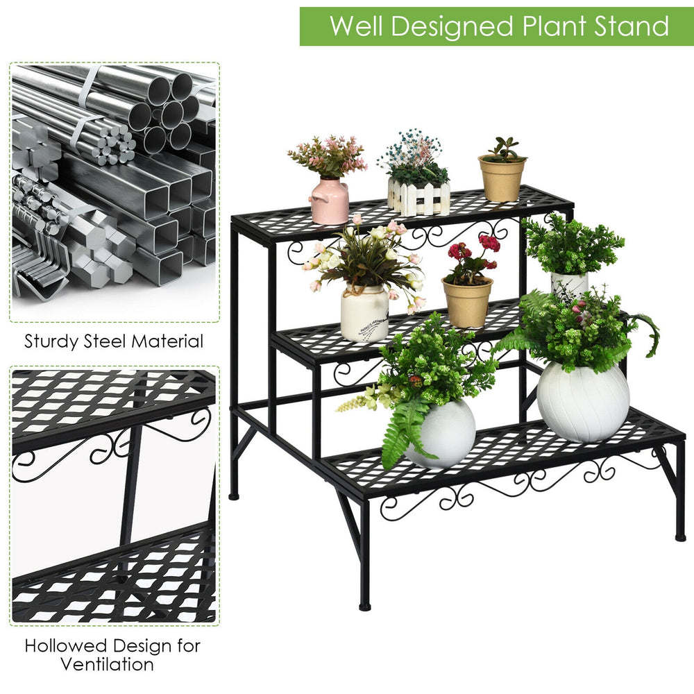 Three-tier metal decorative plant stand with elegant design, sturdy steel material, perfect for indoor and outdoor use.
