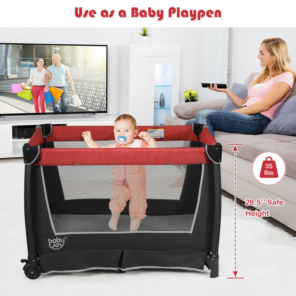 4-in-1 Convertible Portable Baby Play yard with Toys and Music Player-Red - Gallery View 1 of 12