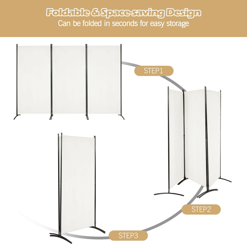 3-panel folding privacy partition screen in white, featuring a durable steel frame and adjustable design for versatile.
