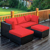 Red L-shaped patio rattan sofa set with removable cushions, showcasing its stylish design for versatile outdoor.