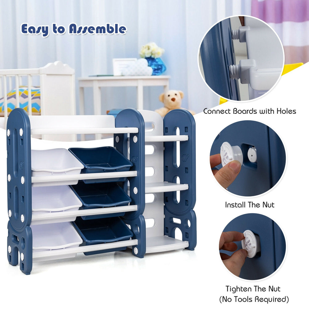 Kids toy storage organizer in blue with 6 bins and a shelf, designed for easy assembly and safe playroom use.