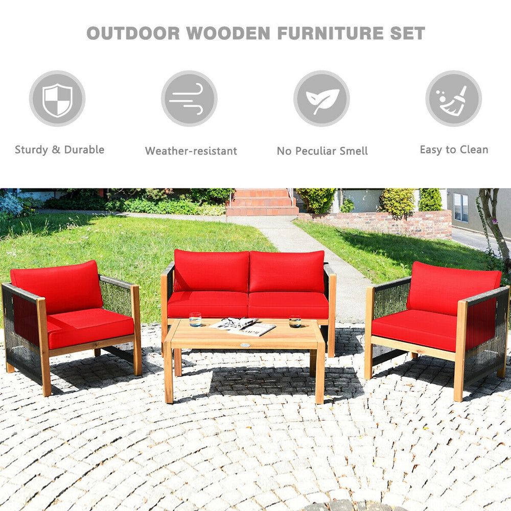 4-piece acacia wood outdoor patio furniture set with red cushions, perfect for relaxing in your garden or patio.