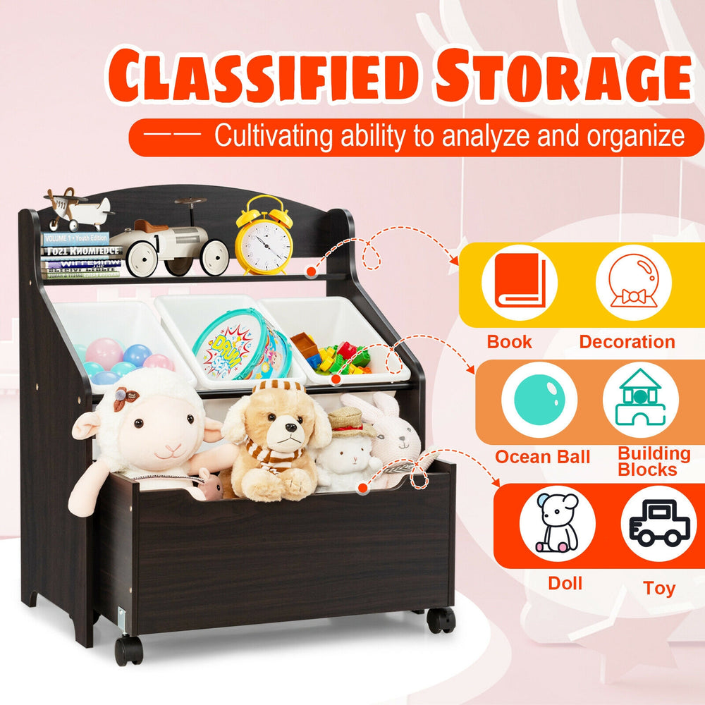 Kids wooden toy storage unit organizer in espresso with rolling toy box and removable bins for easy organization.