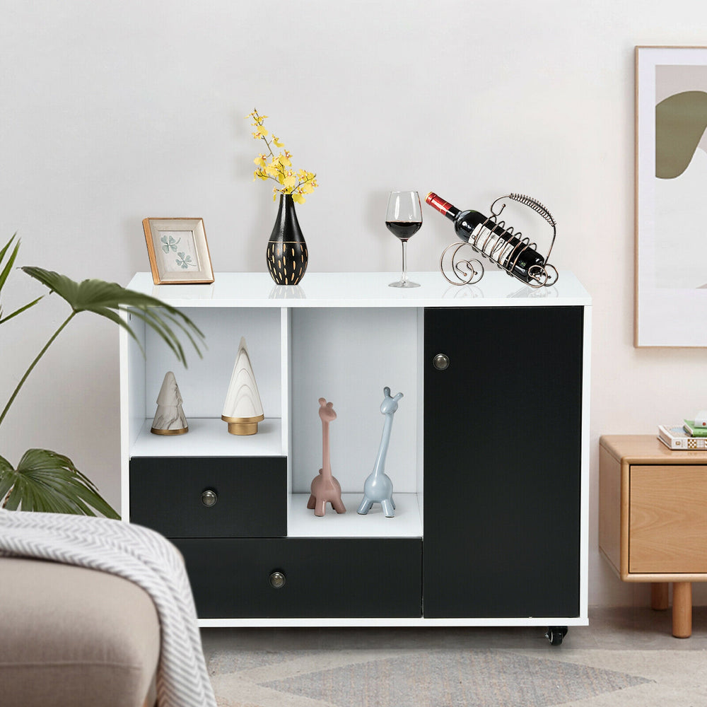 Lateral mobile filing cabinet in black with 2 drawers and open shelves, ideal for office or kitchen storage.