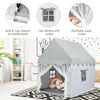 Kids large gray play castle tent with soft mat, breathable gauze curtains, and cute windows for indoor/outdoor fun.