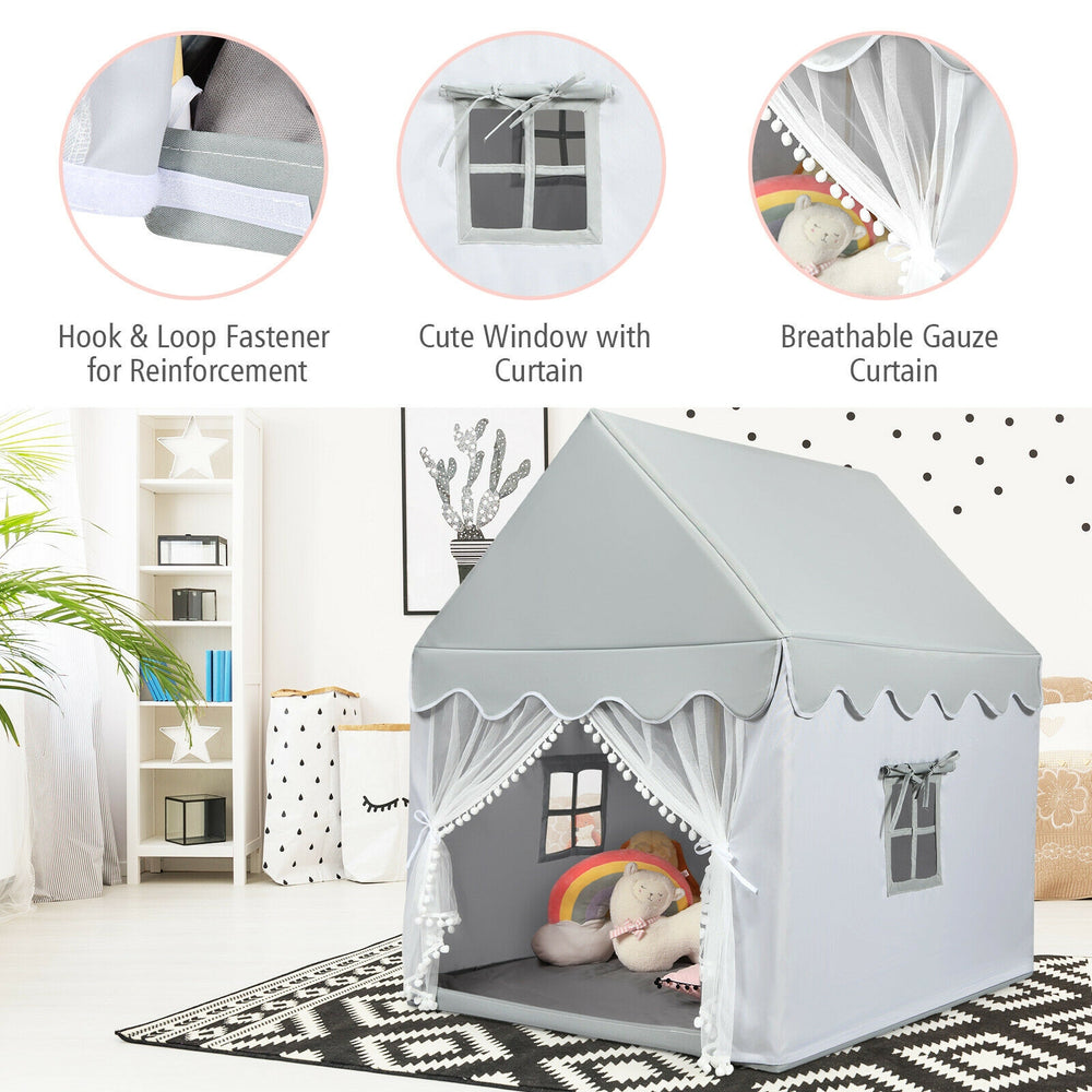 Kids large gray play castle tent with soft mat, breathable gauze curtains, and cute windows for indoor/outdoor fun.