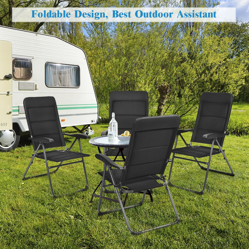 Set of 4 black patio folding chairs with adjustable backrests, perfect for outdoor camping and relaxation.