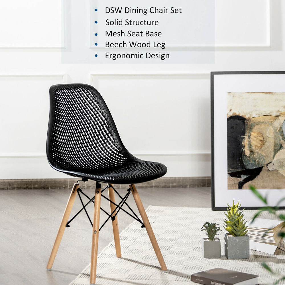 Black DSW dining chair with beech wood legs, ergonomic mesh seat, perfect for modern dining rooms or offices.