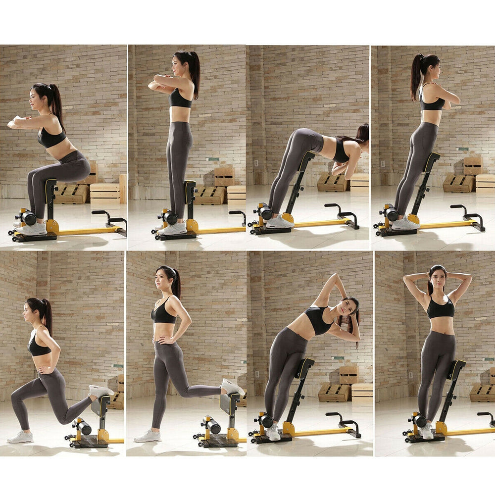 8-in-1 multifunctional home gym squat equipment showcasing various exercises for core, legs, and arms in a stylish.