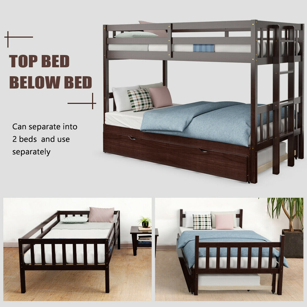 Twin pull-out bunk bed with trundle in espresso, featuring full-length guardrails and convertible design for versatile.