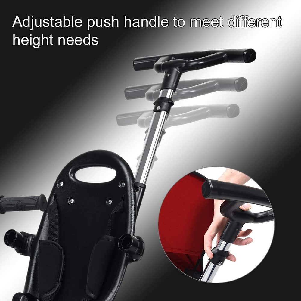 Adjustable push handle of the 4-in-1 kids tricycle in red, designed for various height needs and easy steering control.