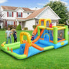 Colorful 8 in 1 inflatable water slide park with trampoline, climbing wall, and safety mesh, perfect for outdoor fun.