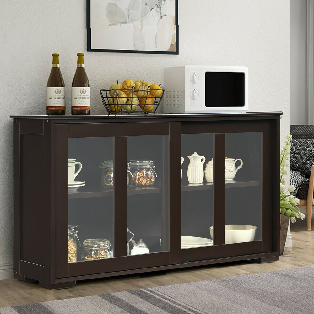 Brown sideboard buffet cupboard with sliding doors and tempered glass, featuring two shelves for kitchen or dining room.