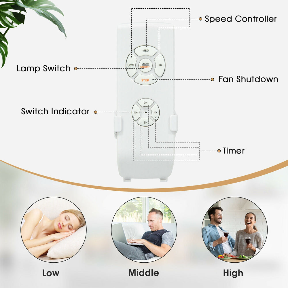 Close-up of the remote control for the 52-inch retro ceiling fan, featuring speed controls and timer settings for.