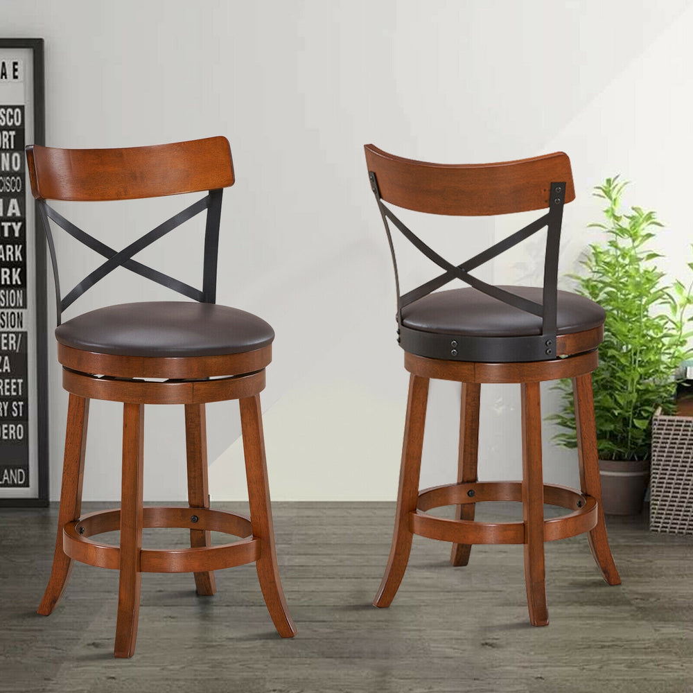 Single bar stool with rubber wood legs, soft padded seat, and curved backrest, ideal for comfortable dining.