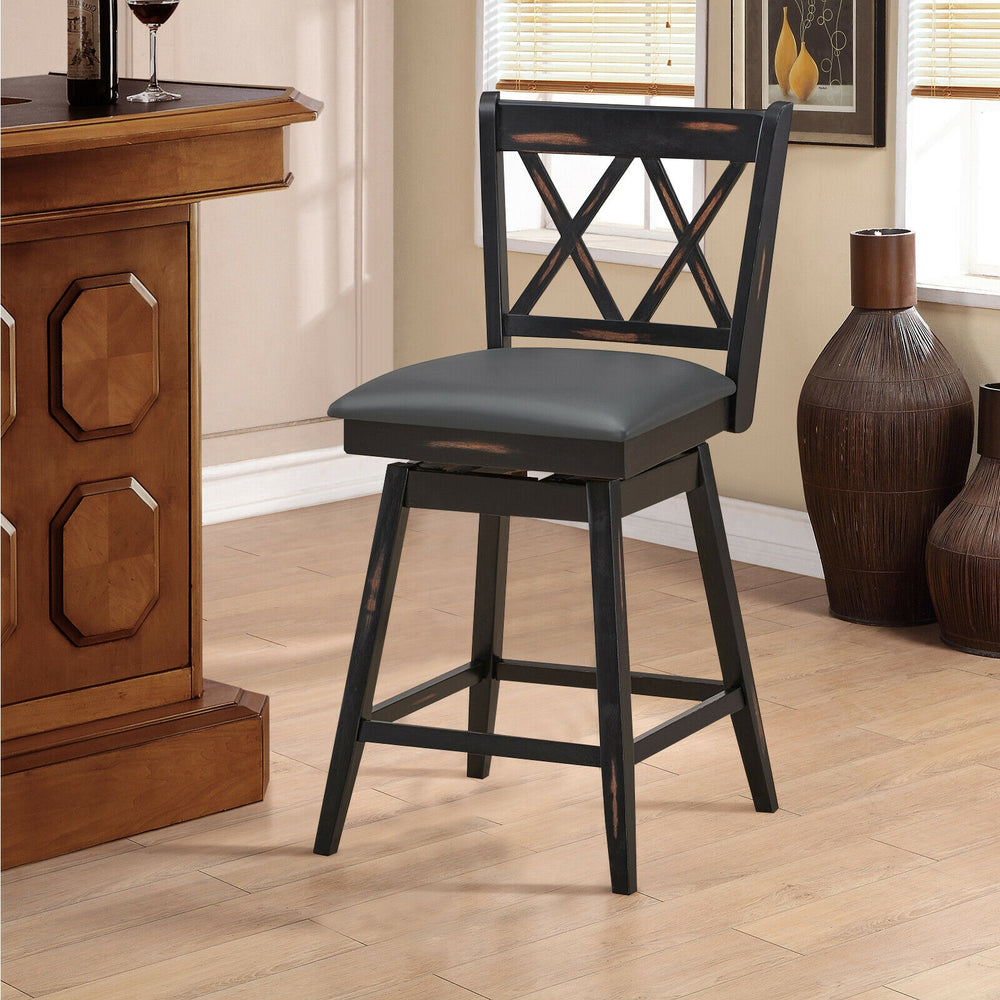 Black swivel counter height barstool with rubber wood legs and soft sponge seat, ideal for home or office use.