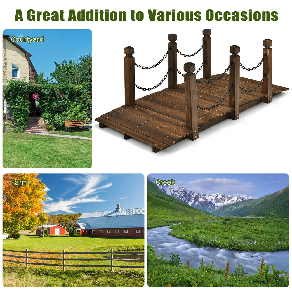 5 feet wooden garden bridge with safety rails and stained finish, ideal for courtyards, farms, and creeks.
