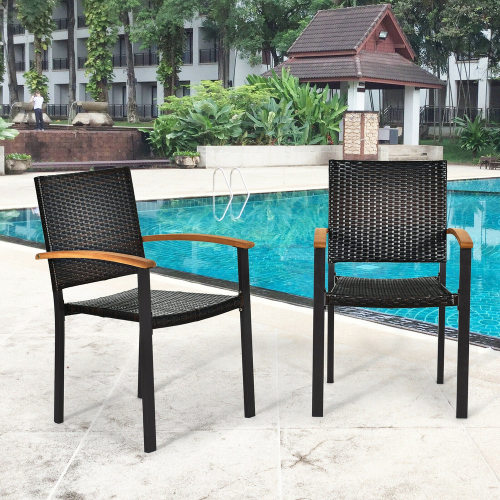 Set of 4 outdoor patio chairs with mix-brown PE rattan, powder-coated steel frame, and acacia wood armrests by the.
