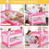 Portable pink baby playpen with diaper changing pad, mosquito net, and wheels for easy mobility and safe playtime.