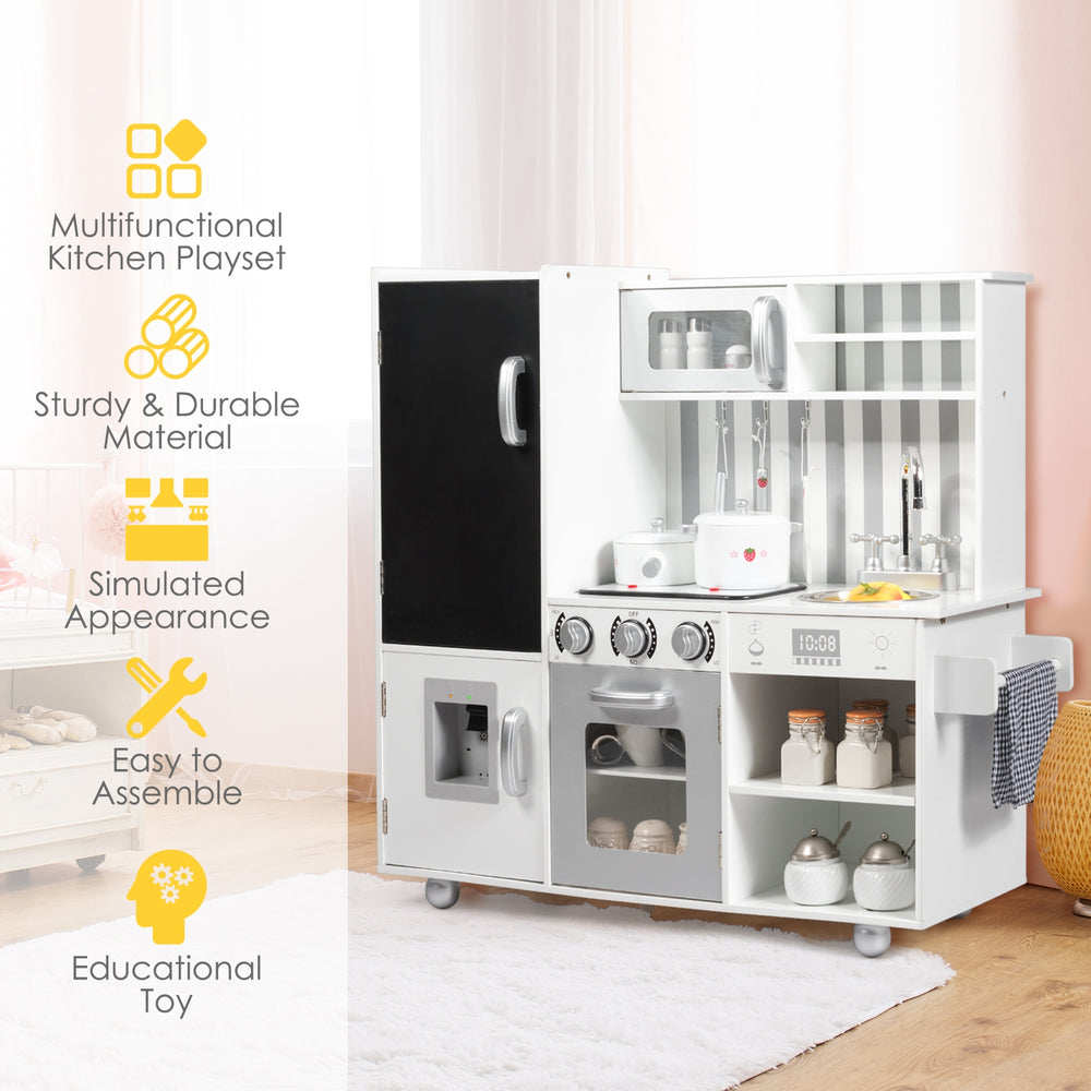 Wooden pretend play kitchen set featuring a stove, sink, and refrigerator with realistic sounds, perfect for kids'.
