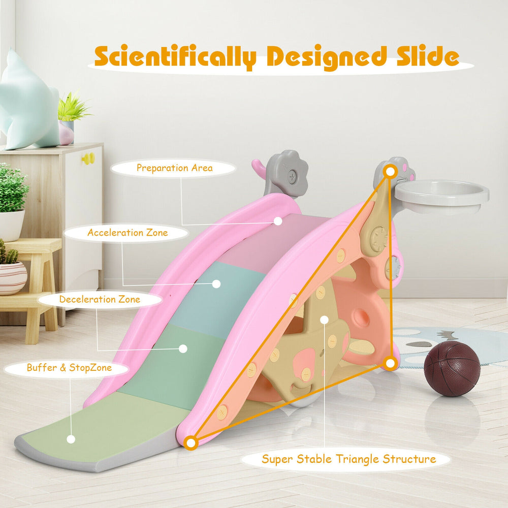 Toddler slide and rocking horse playset in pink, featuring a basketball hoop and stable design for safe play.