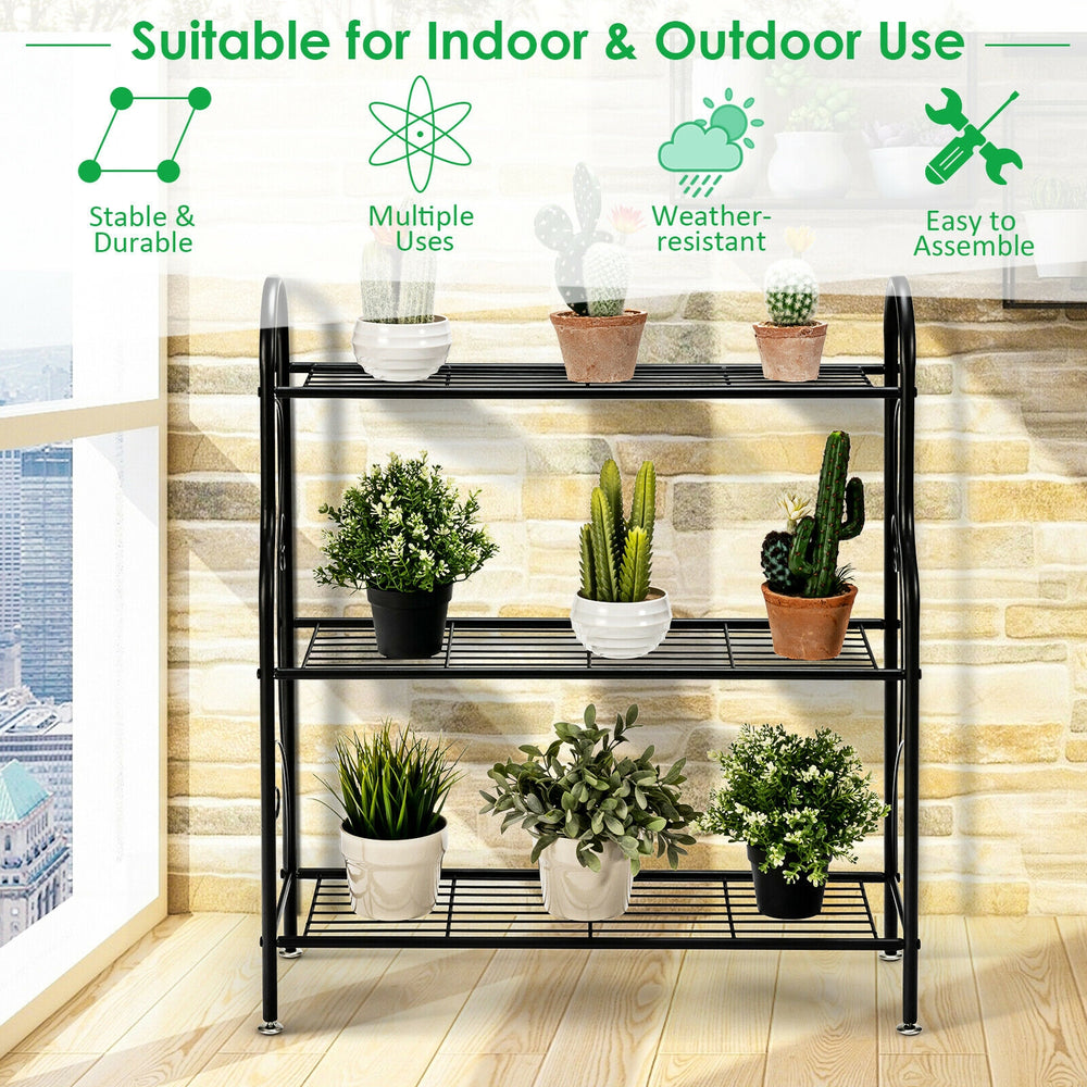 3-tier black metal plant stand showcasing various plants, durable design for indoor and outdoor use, easy to assemble.
