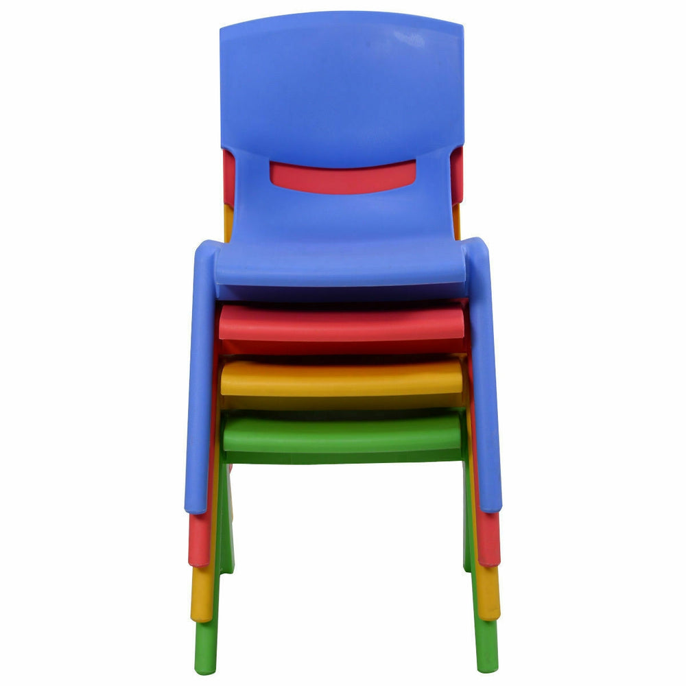 Colorful stackable plastic children's chairs in blue, red, yellow, and green, perfect for playrooms and daycares.