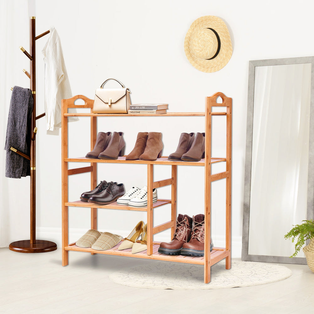 Four-tier bamboo shoe rack with slatted design, perfect for entryway storage and stylish home organization.