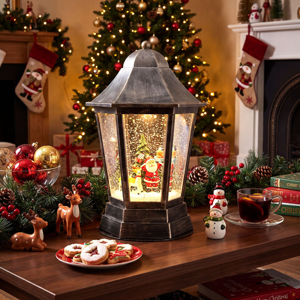 Black musical Christmas street lamp with dynamic snowfall and Santa figures displayed upright indoors for holiday décor.