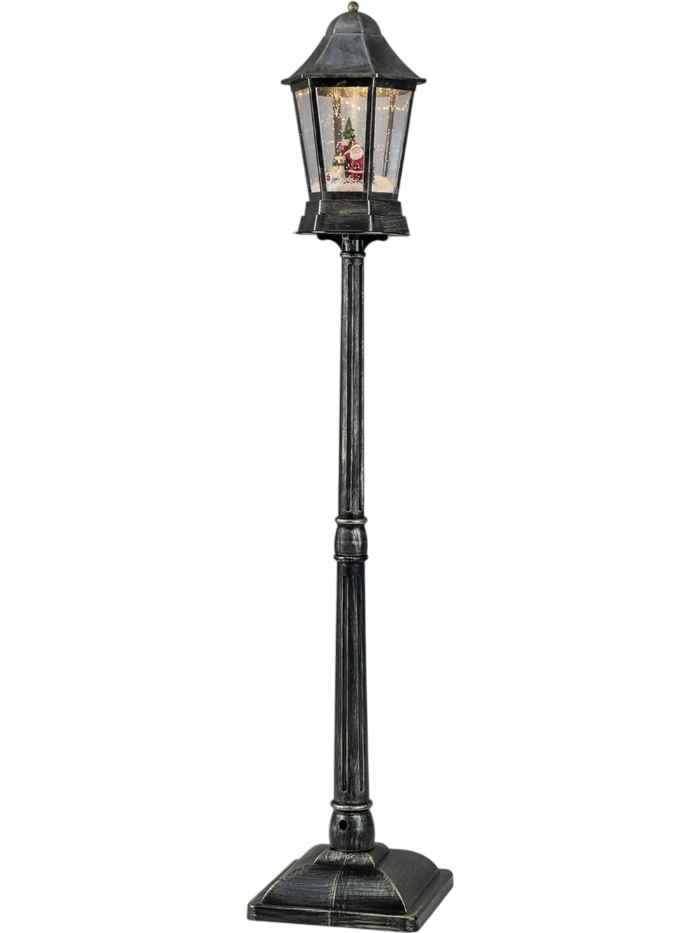 5.4 ft black musical Christmas street lamp with dynamic snowfall and festive figures, shown upright from the front.