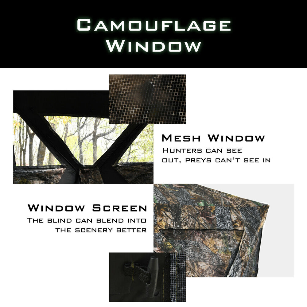 Camouflage window detail of a 3-person portable pop-up hunting blind, featuring mesh for visibility and concealment.