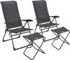 Two gray adjustable back folding dining chairs with matching ottoman set in a garden for outdoor relaxation.
