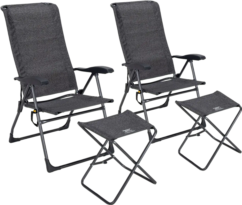 Two gray adjustable back folding dining chairs with matching ottoman set in a garden for outdoor relaxation.