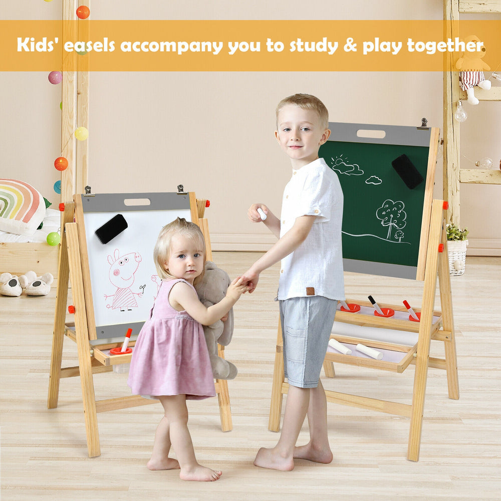 Kids' art easel featuring a double-sided chalkboard and whiteboard, adjustable height for ages 3+, perfect for creative.
