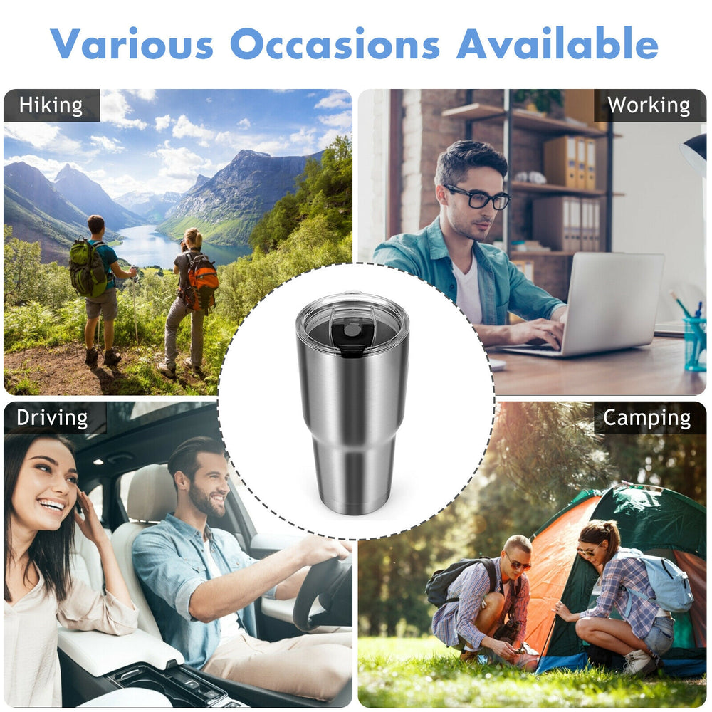 30oz stainless steel tumbler cup with lid, double-wall insulated for hot and cold drinks, ideal for hiking, camping.
