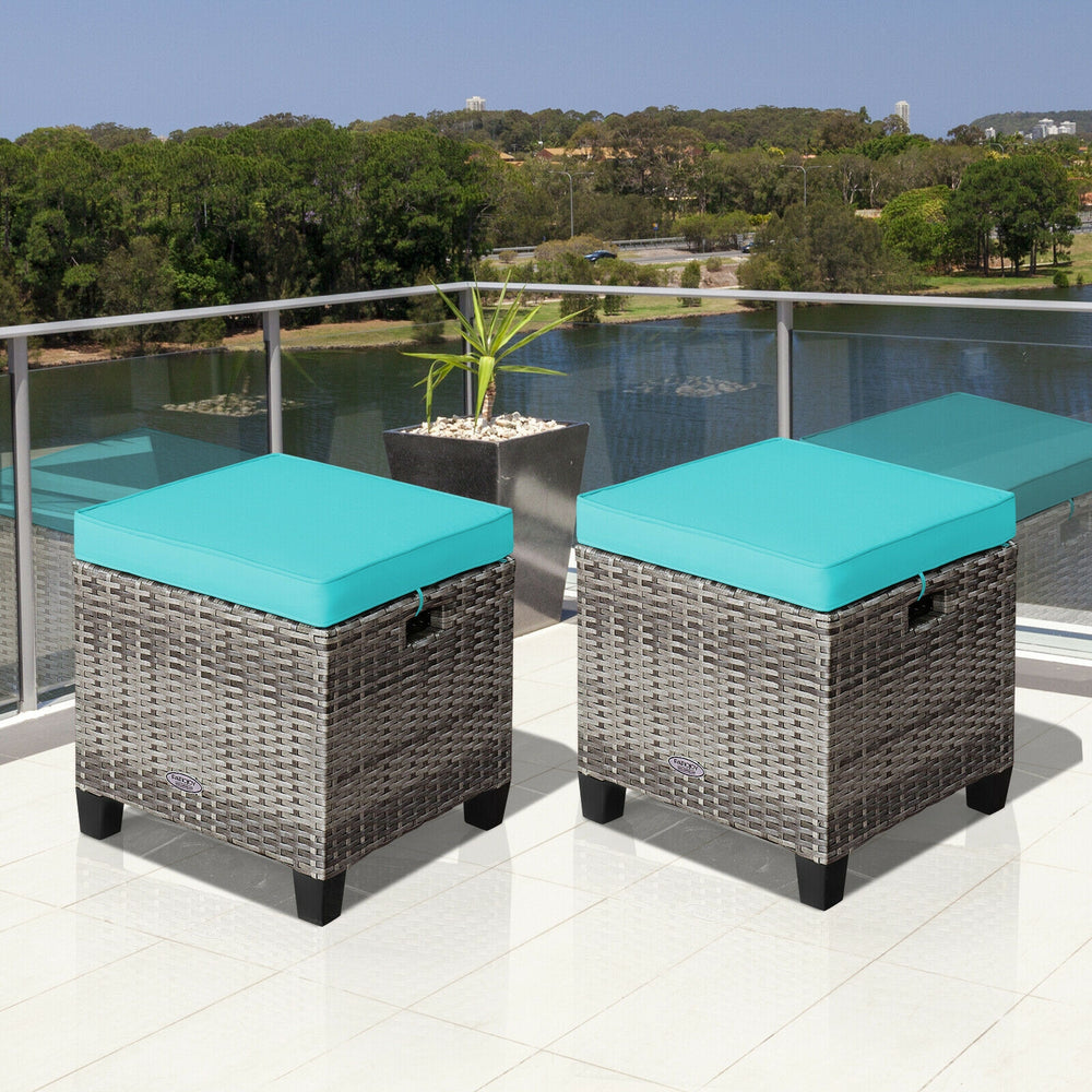 2PCS Patio Rattan Wicker Ottoman Seat with Removable Cushions-Turquoise - Gallery View 1 of 12