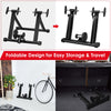 Portable folding steel bicycle training stand with pyramid structure, ideal for 26"-28" wheels, easy to store and.