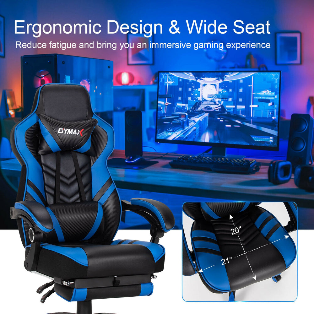 Adjustable gaming chair in blue with ergonomic design, wide seat, and retractable footrest for comfort in home office.