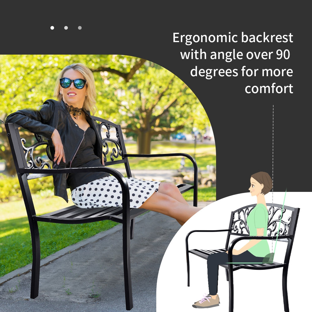 50-inch patio bench with a steel frame and cast iron backrest, ideal for outdoor relaxation in parks or gardens.