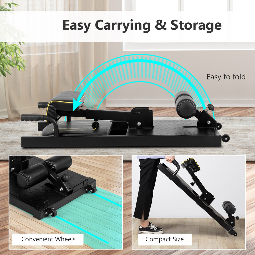 Compact 8-in-1 home gym squat fitness machine with convenient wheels for easy carrying and storage.