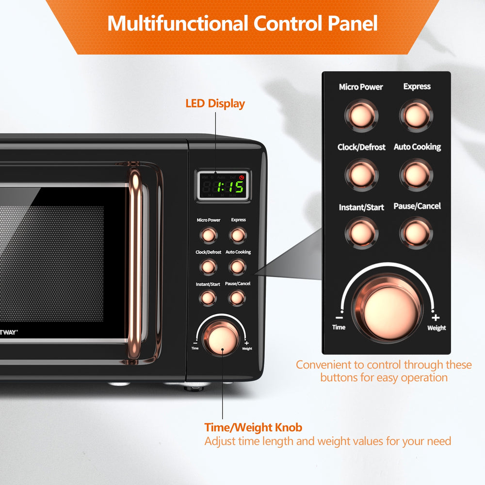 Close-up of the 700W retro microwave oven control panel with LED display, featuring 5 power levels and auto cooking.