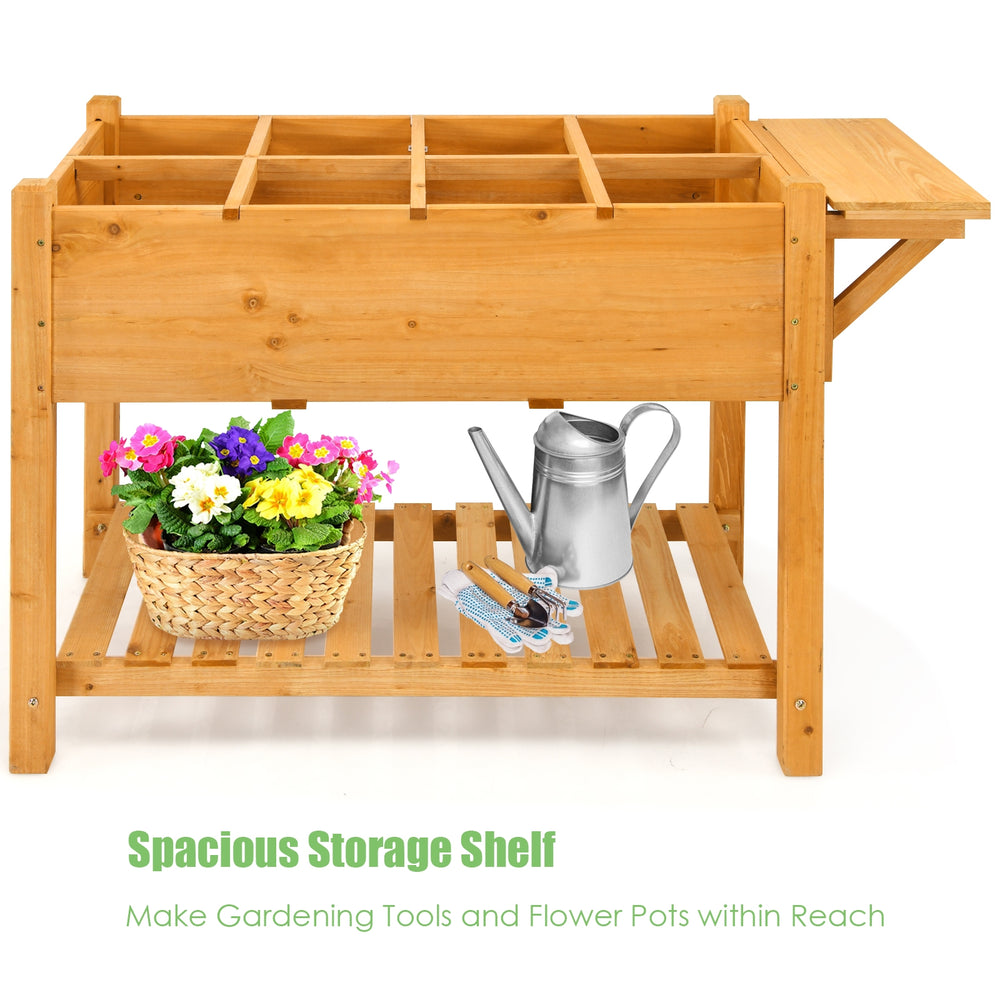 Elevated planter box kit with 8 grids, durable fir wood, and folding tabletop for convenient gardening on patios or.