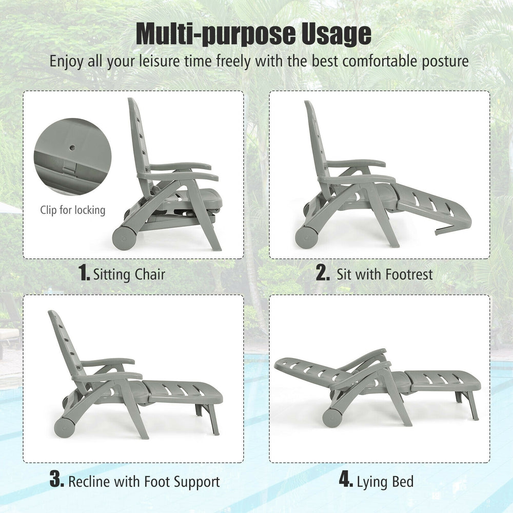 Gray 5-position adjustable folding lounger chaise chair, perfect for outdoor relaxation by the pool or garden.