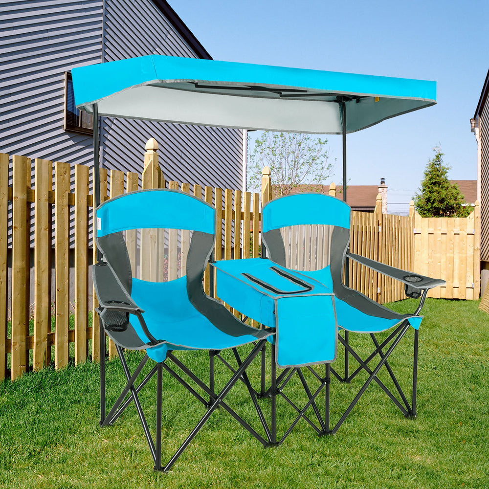 Two blue portable folding camping chairs with a canopy and cup holder, perfect for outdoor relaxation and easy.
