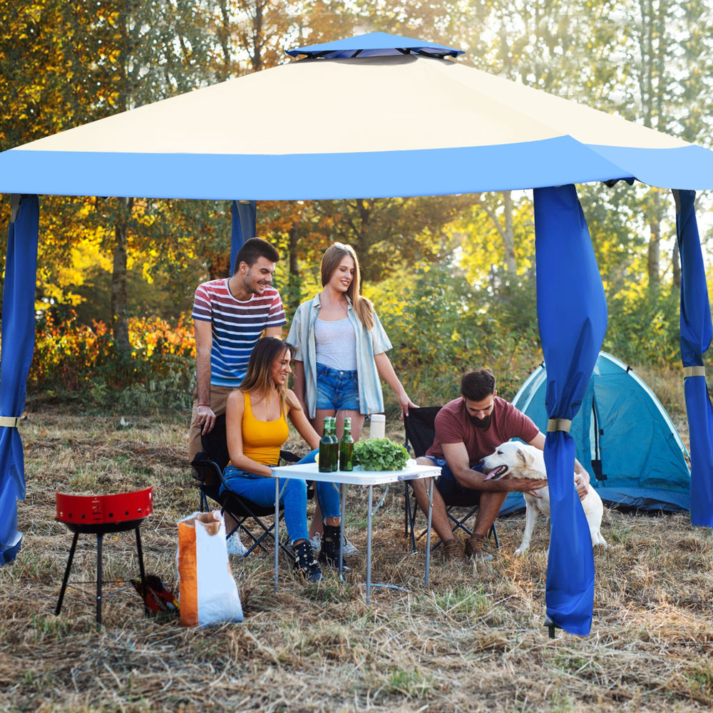 Pop up canopy tent in blue with friends gathered around a table, ideal for outdoor parties and picnics.