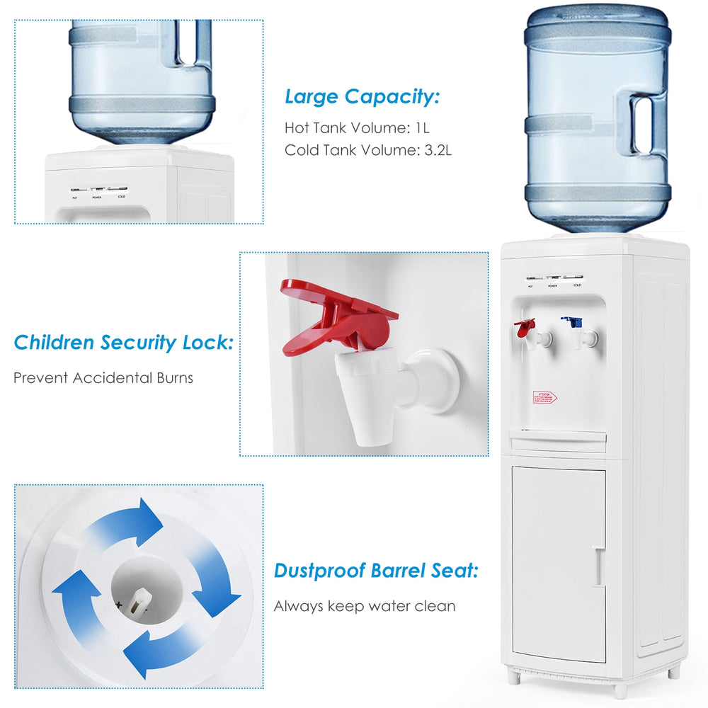 Hot and cold water cooler dispenser with child safety lock, large capacity, and detachable drip tray for easy cleanup.