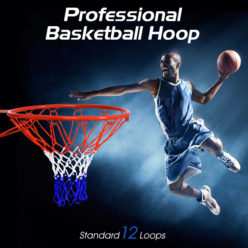 18-inch red basketball rim with all-weather net, solid steel construction for indoor and outdoor use.