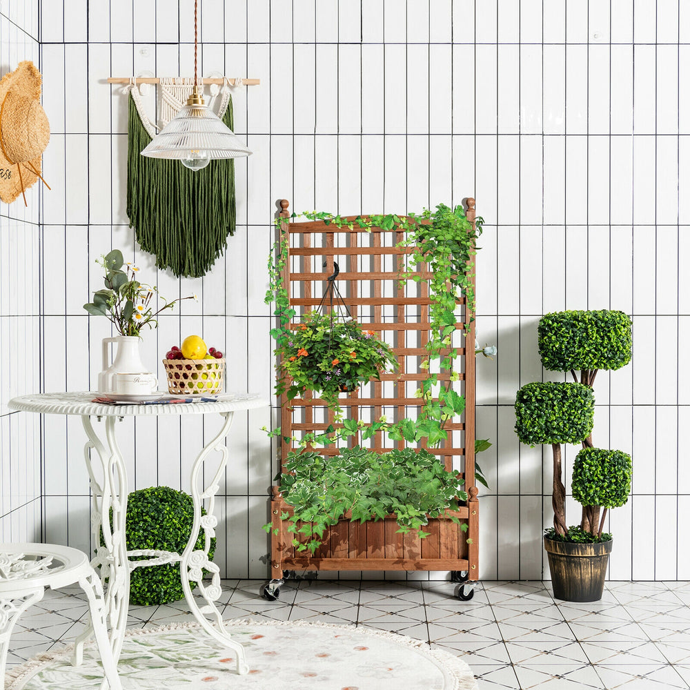 Wood planter box with trellis for climbing plants, made of fir wood, featuring drainage holes and mobile wheels for.